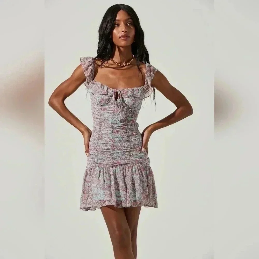 ASTR The Label OFF SHOULDER RUCHED FLORAL MINI DRESS - Picture 3 of 10